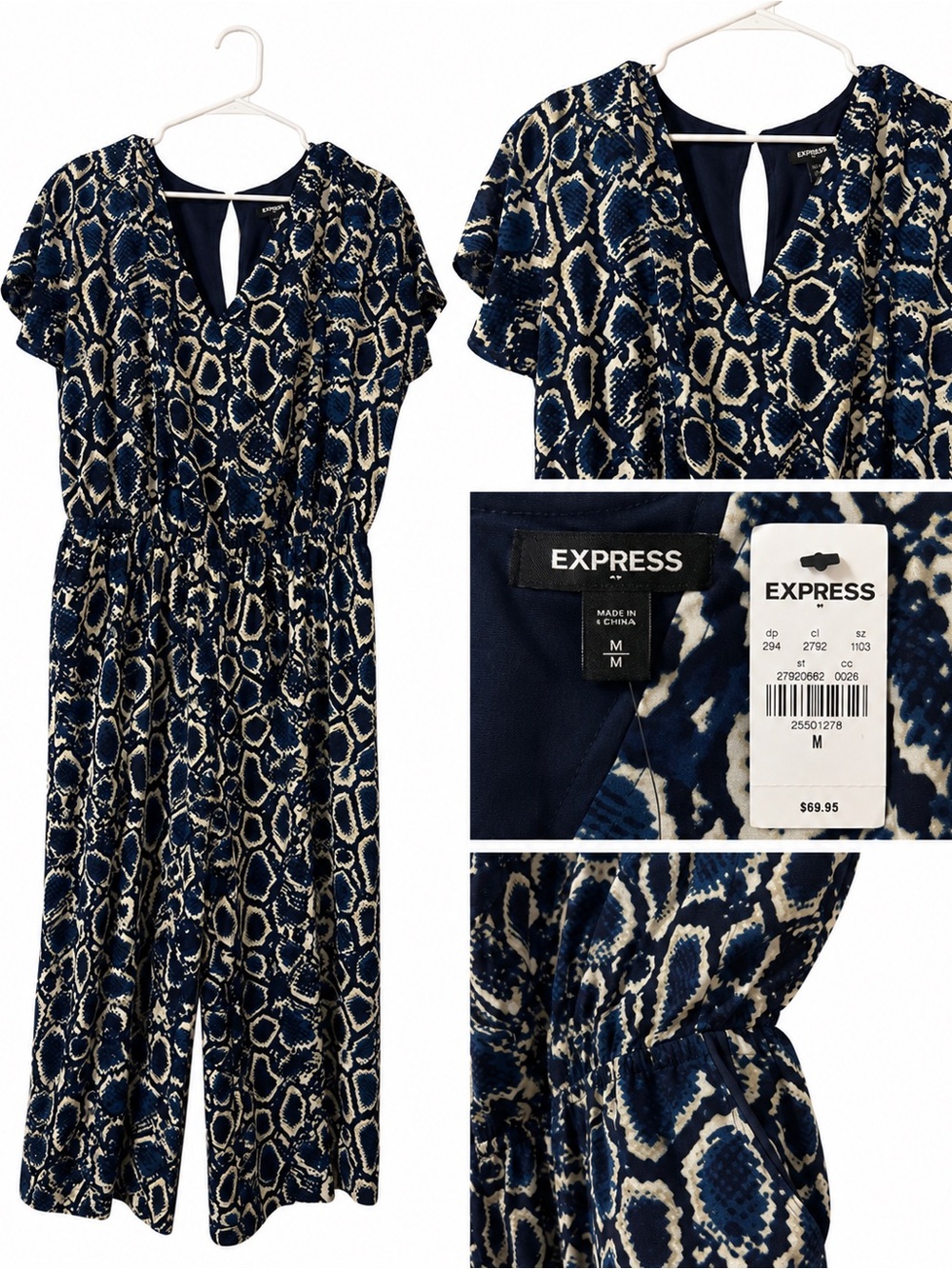 Express Navy and Cream Snake Printed Wide-Leg Jumpsuit
